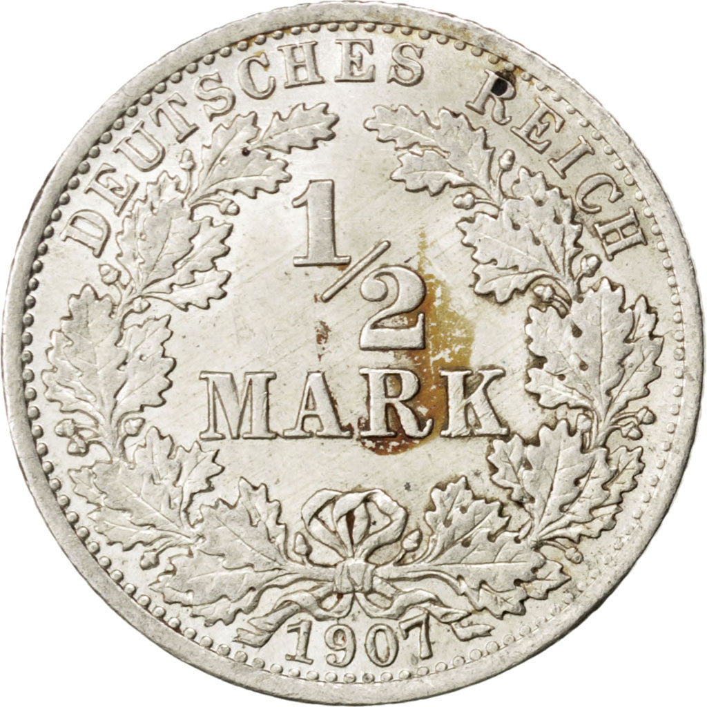 GERMANY - EMPIRE, 1/2 Mark, 1907, Berlin, KM #17, AU(55-58), Silver, 20, 0.00