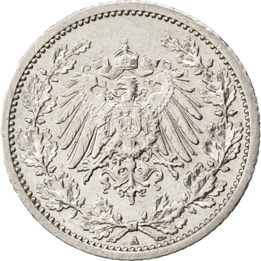 GERMANY - EMPIRE, 1/2 Mark, 1908, Berlin, KM #17, AU(55-58), Silver, 20, 2.70