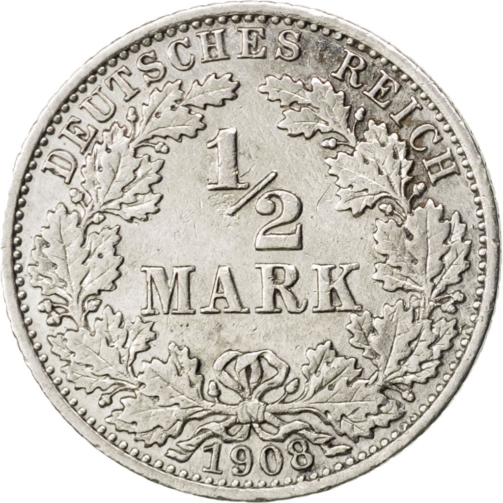 GERMANY - EMPIRE, 1/2 Mark, 1908, Berlin, KM #17, AU(55-58), Silver, 20, 2.70