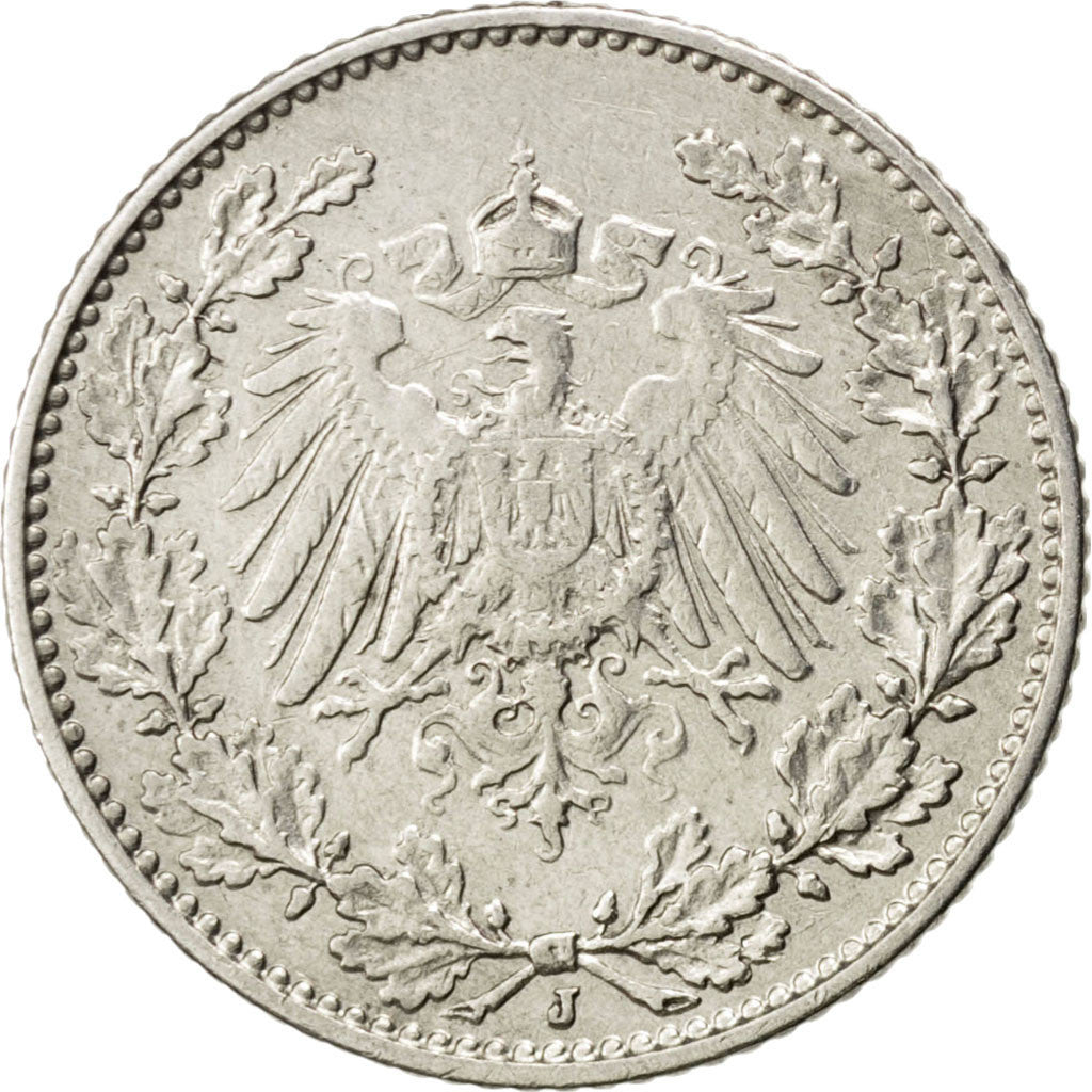 GERMANY - EMPIRE, 1/2 Mark, 1912, Hambourg, KM #17, AU(50-53), Silver, 20, 2.74