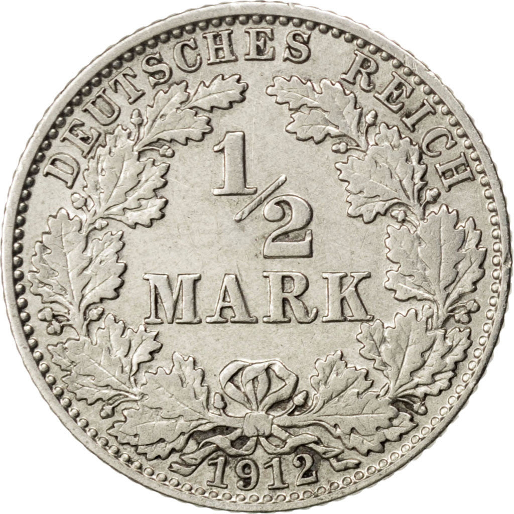 GERMANY - EMPIRE, 1/2 Mark, 1912, Hambourg, KM #17, AU(50-53), Silver, 20, 2.74