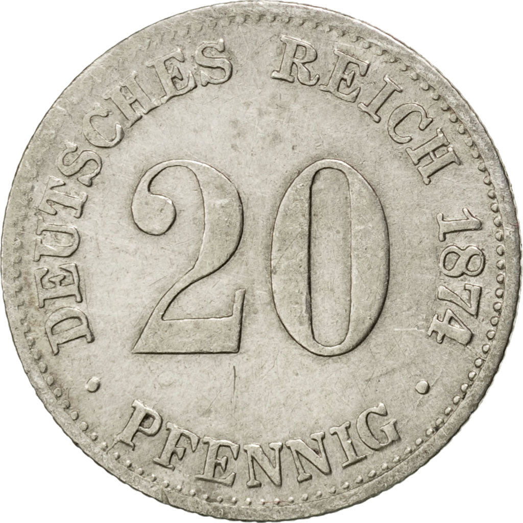 GERMANY - EMPIRE, 20 Pfennig, 1874, Frankfurt, KM #5, EF(40-45), Silver, 0.95