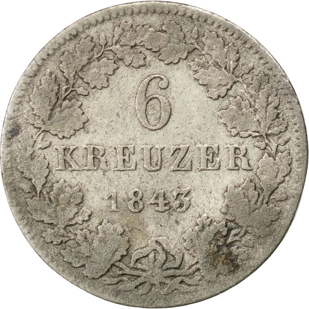 GERMAN STATES, 6 Kreuzer, 1843, KM #318, VF(20-25), Silver, 2.42