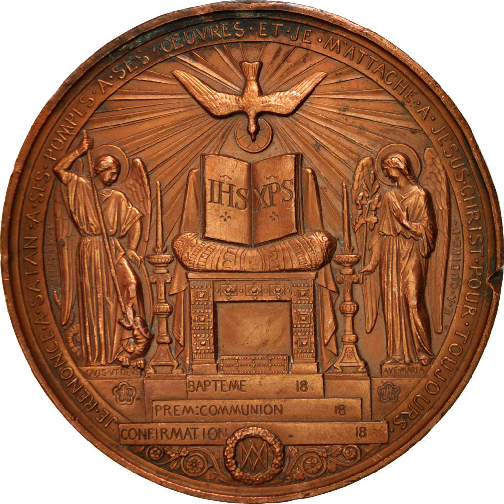 Francia, Medal, Baptism medal, Religions & beliefs, Oudiné, BB+, Rame