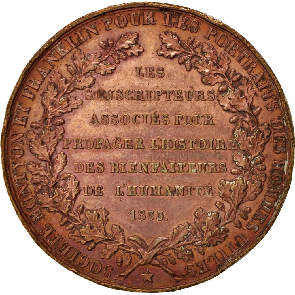 Francia, Medal, FranklIn and Montyon, History, 1833, Barre, BB, Rame