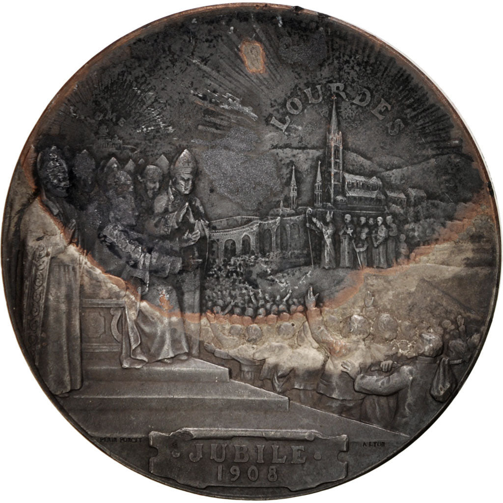France, Medal, Lourdes, Jubilée, Religions & beliefs, 1908, EF(40-45), Copper
