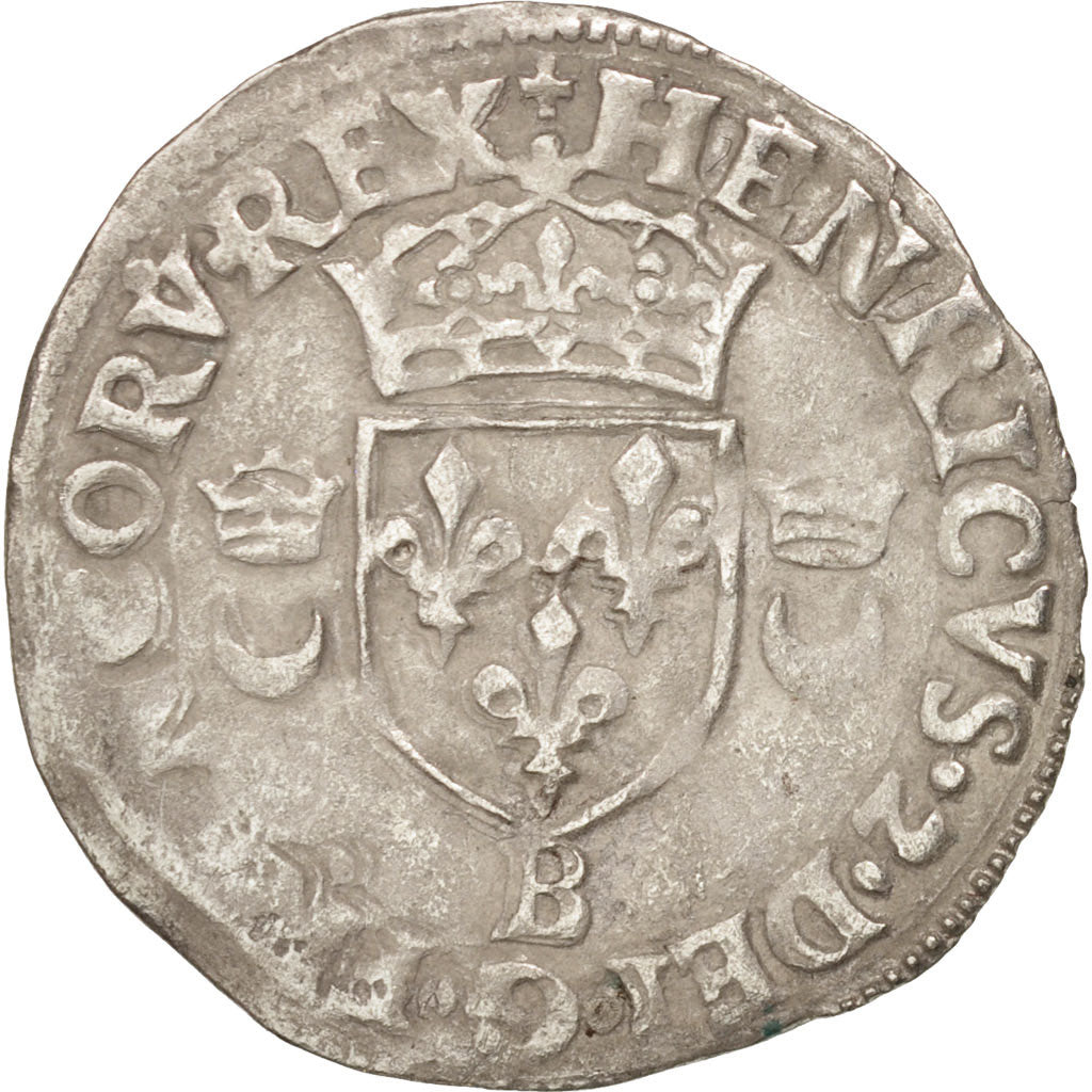 Moneda, Francia, Douzain aux croissants, 1552, Rouen, MBC, Vellón, Duplessy:997