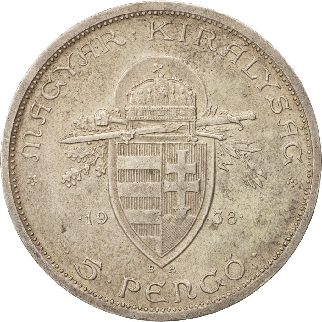 Hungary, 5 Pengö, 1938, AU(55-58), Silver, KM:516