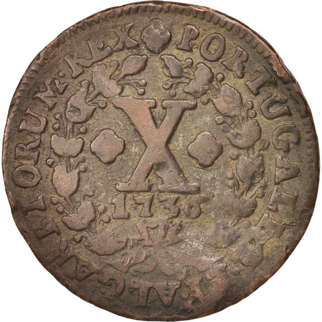 Portugal, Jo, 10 Reis, X; 1/2 Vinten, 1736, Lisbon, VF(30-35), Copper, KM:217