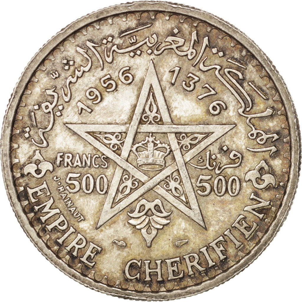 Morocco, Mohammed V, 500 Francs, 1956, Paris, EF(40-45), Silver, KM:54