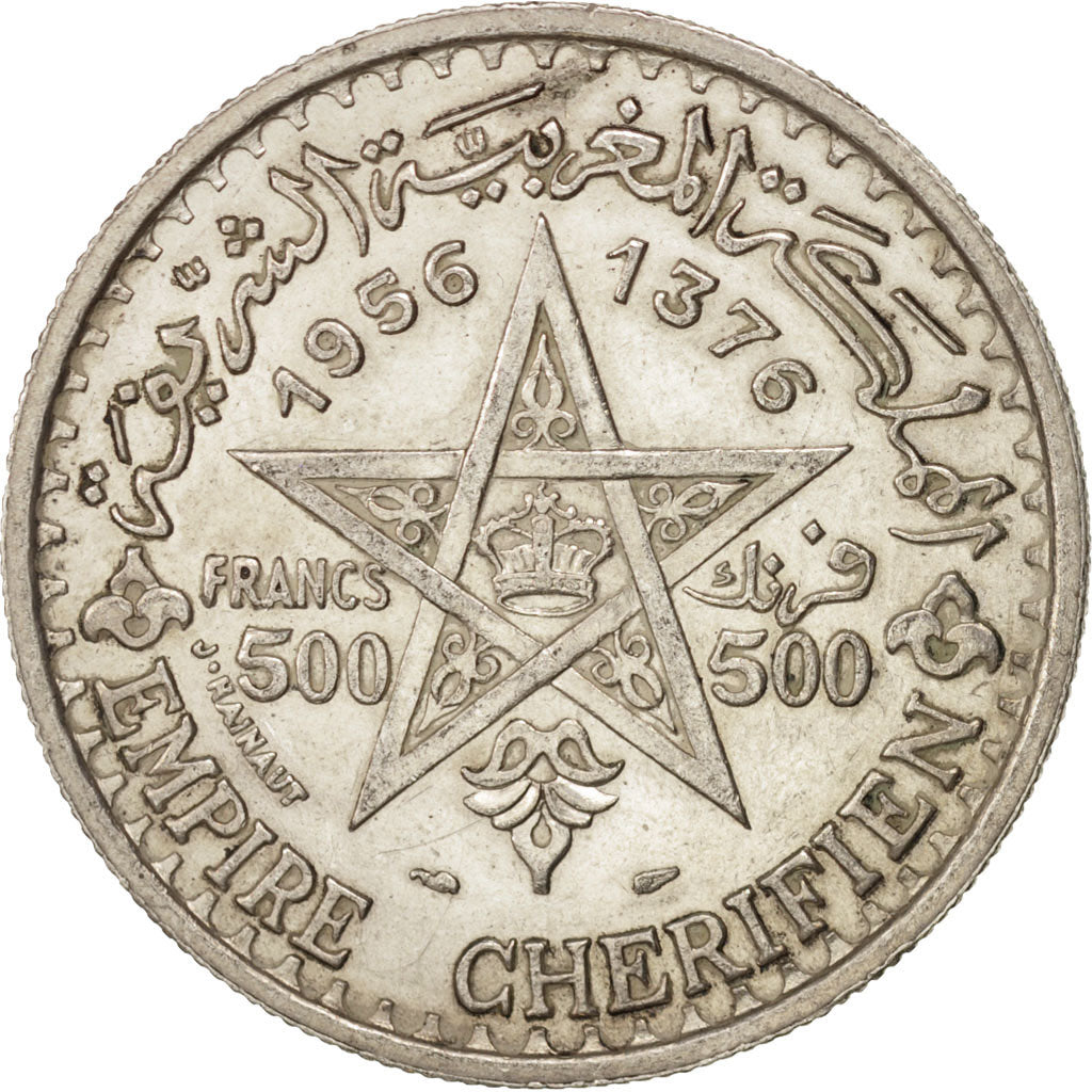 Morocco, Mohammed V, 500 Francs, 1956, Paris, EF(40-45), Silver, KM:54