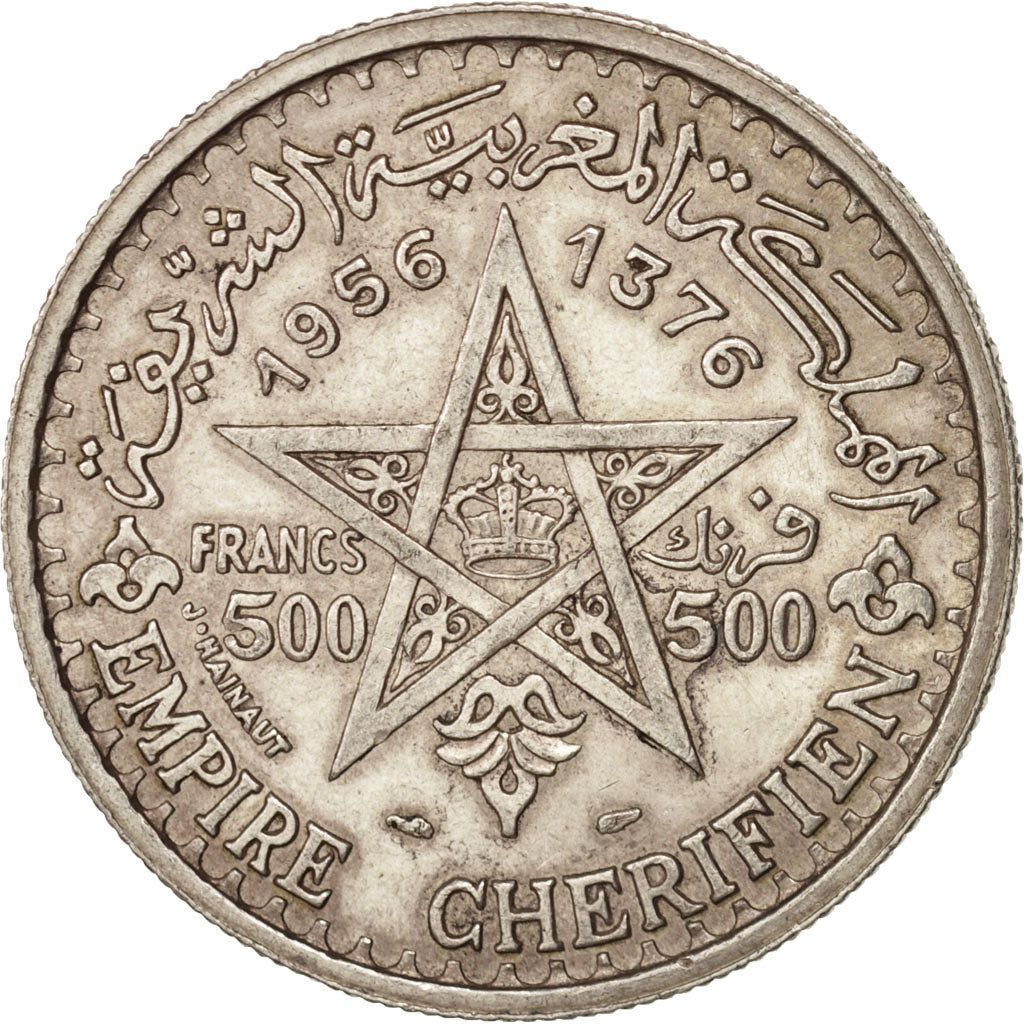 Morocco, Mohammed V, 500 Francs, 1956, Paris, EF(40-45), Silver, KM:54