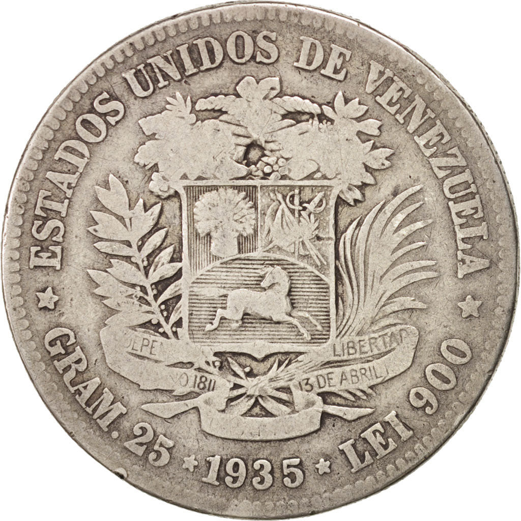 Venezuela, Gram 25, 5 Bolivares, 1935, , VF(30-35), Silver