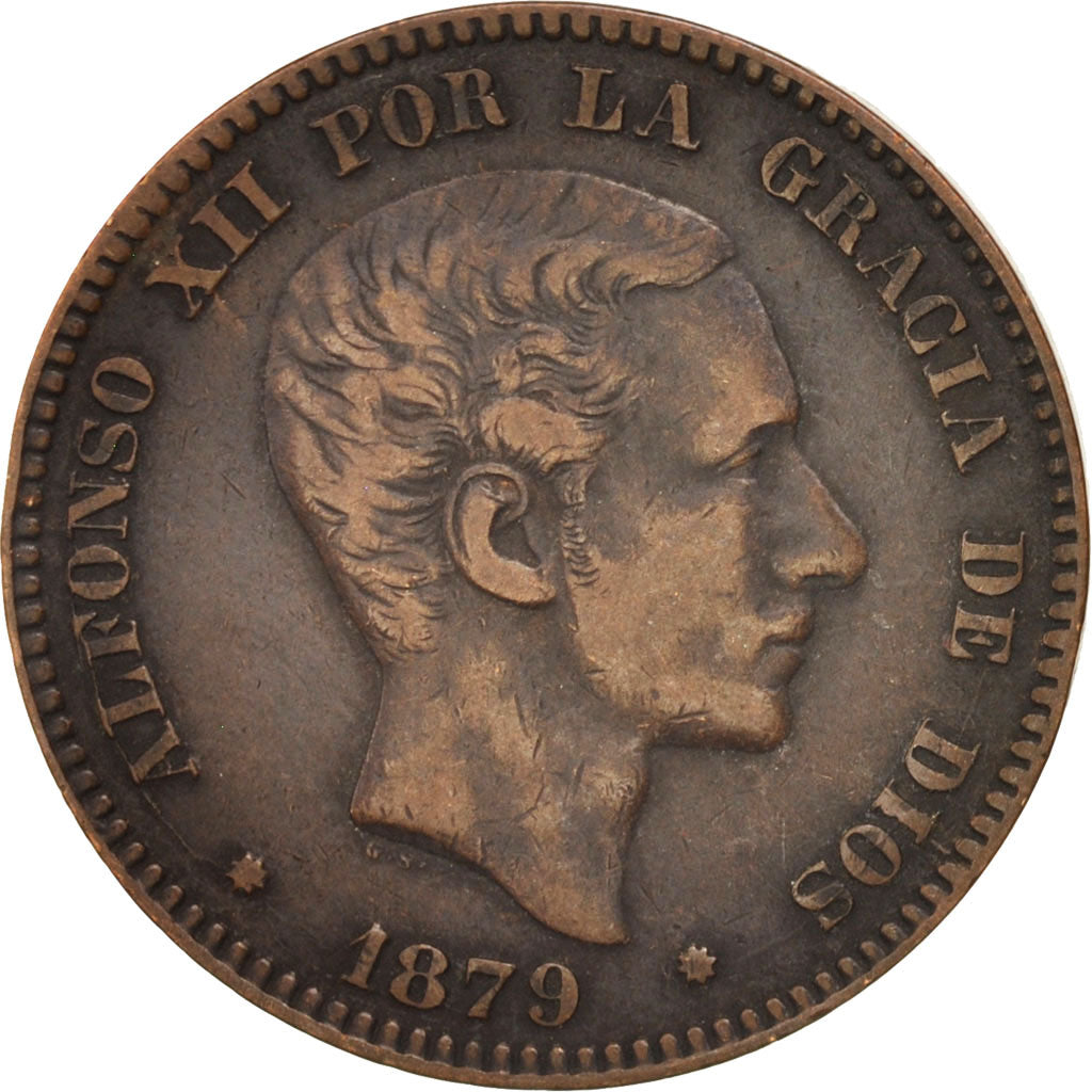 Spain, Alfonso XII, 10 Centimos, 1879, AU(50-53), Bronze, KM:675