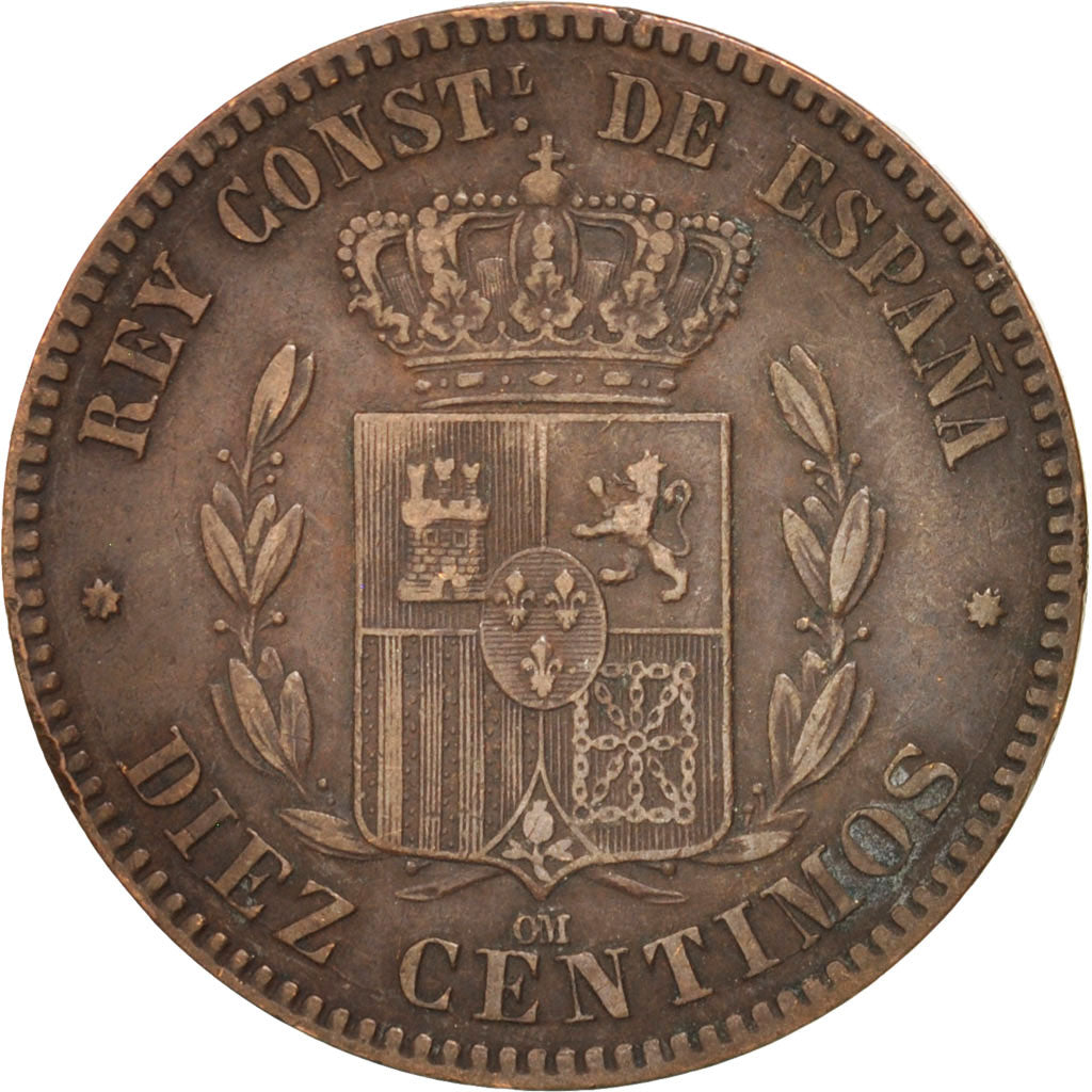 Spain, Alfonso XII, 10 Centimos, 1879, AU(50-53), Bronze, KM:675