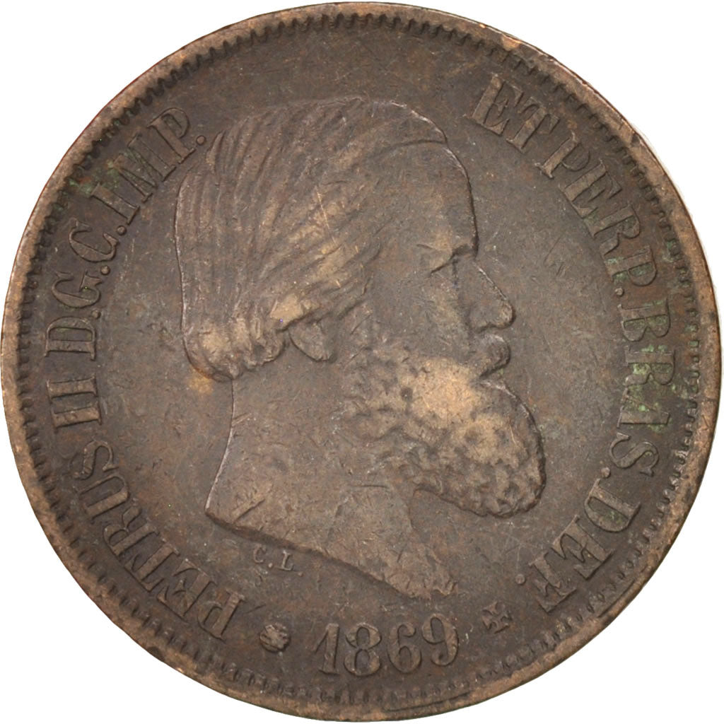 Brazil, Pedro II, 20 Reis, 1869, EF(40-45), Bronze, KM:474