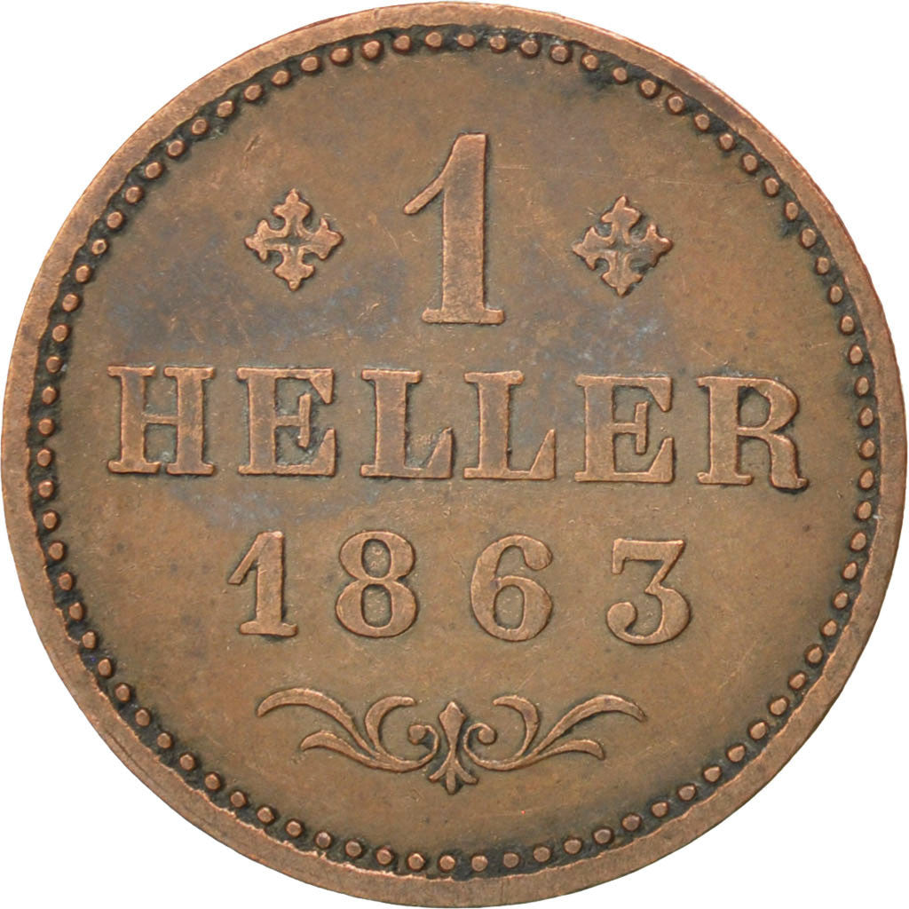 Coin, German States, FRANKFURT AM MAIN, Heller, 1863, AU(50-53), Copper, KM:356