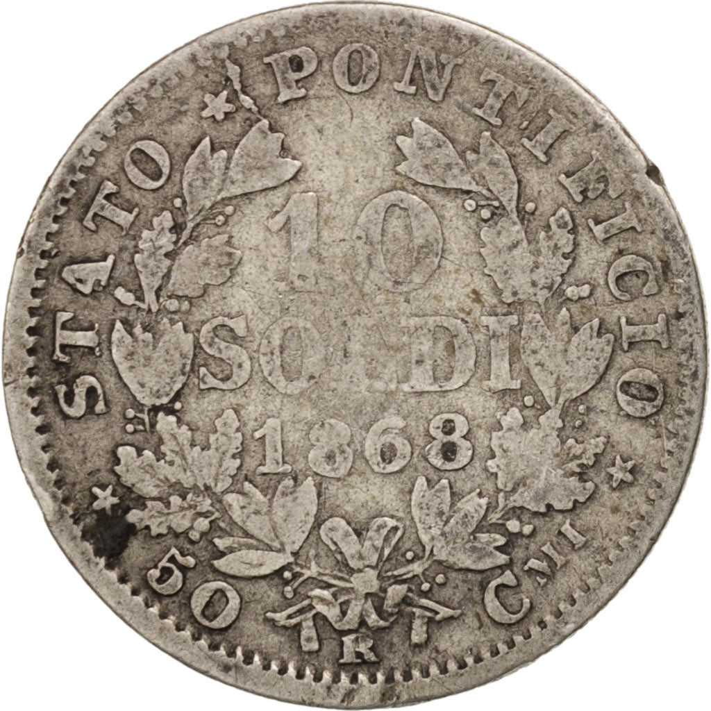 ITALIAN STATES, PAPAL STATES, Pius IX, 10 Soldi, 50 Centesimi, 1868, Roma