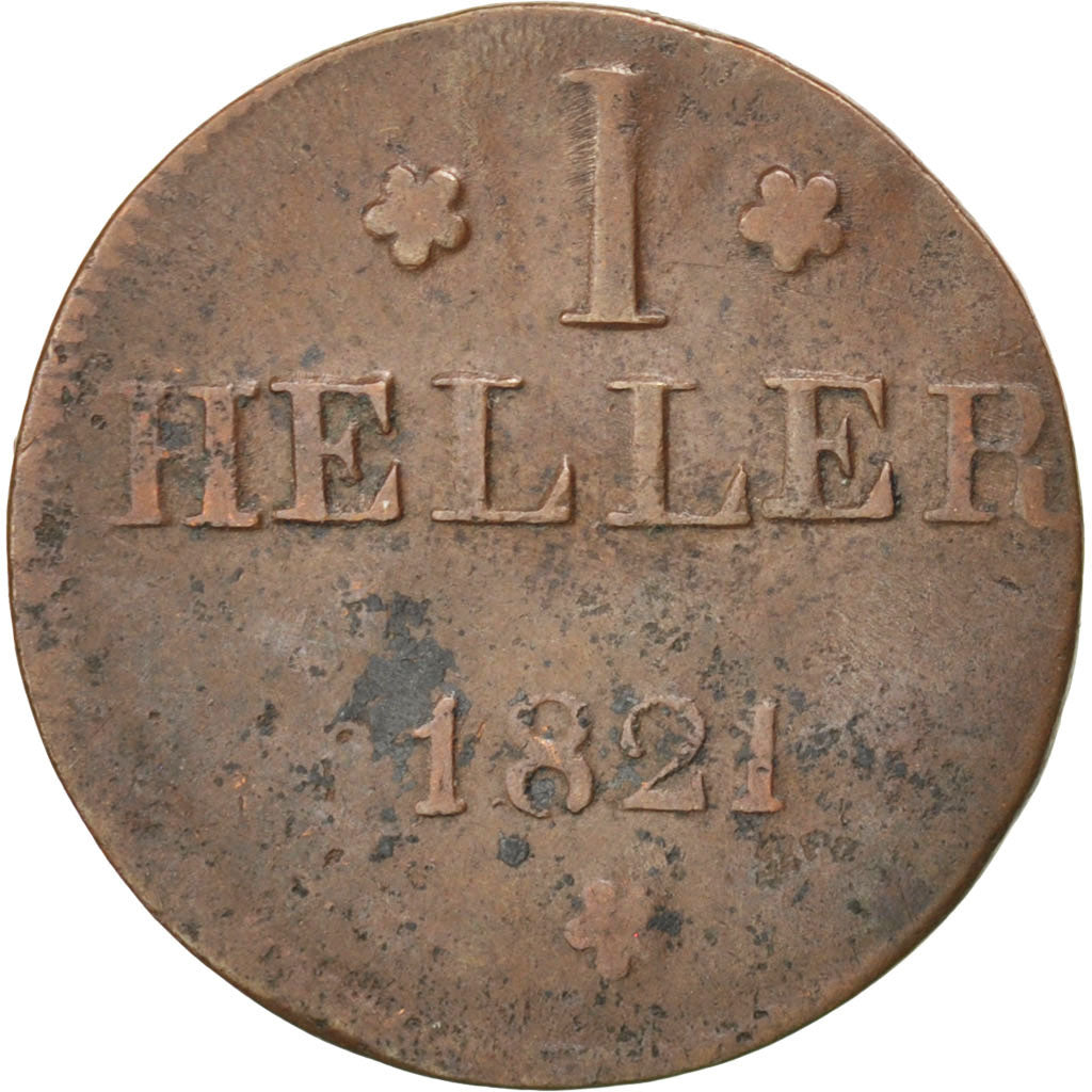 GERMAN STATES, Heller, 1821, Frankfurt, KM #301, AU(55-58), Copper, 18.1, 1.30
