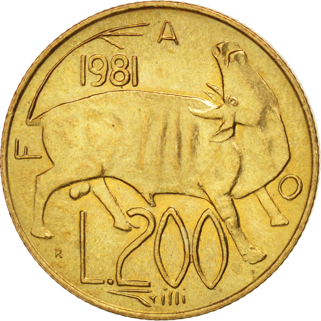 Moneta, San Marino, 200 Lire, 1981, AU(55-58), Aluminium-Brąz, KM:123