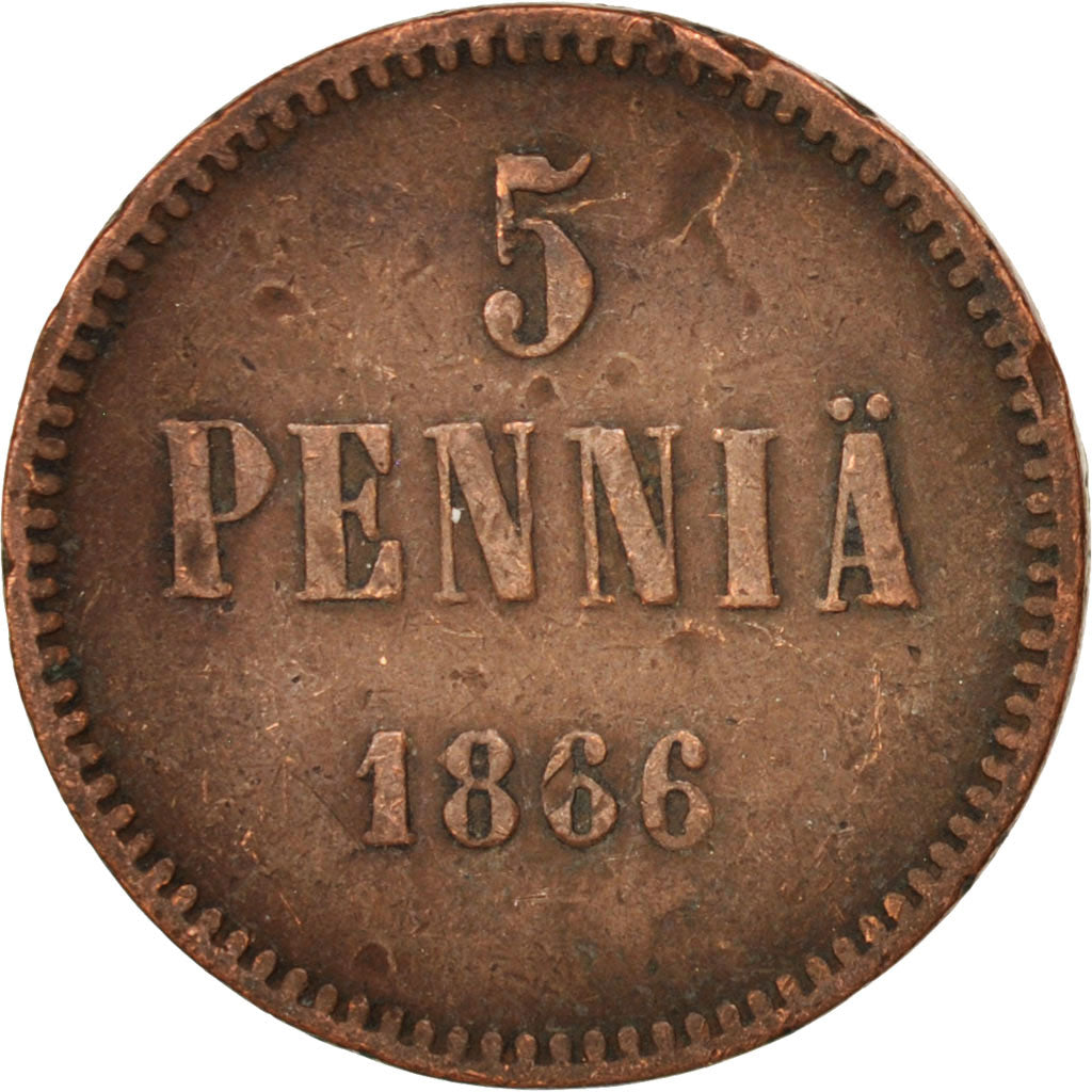 Finland, Alexander II, 5 Pennia, 1866, , VF(30-35), Copper, KM:4.1
