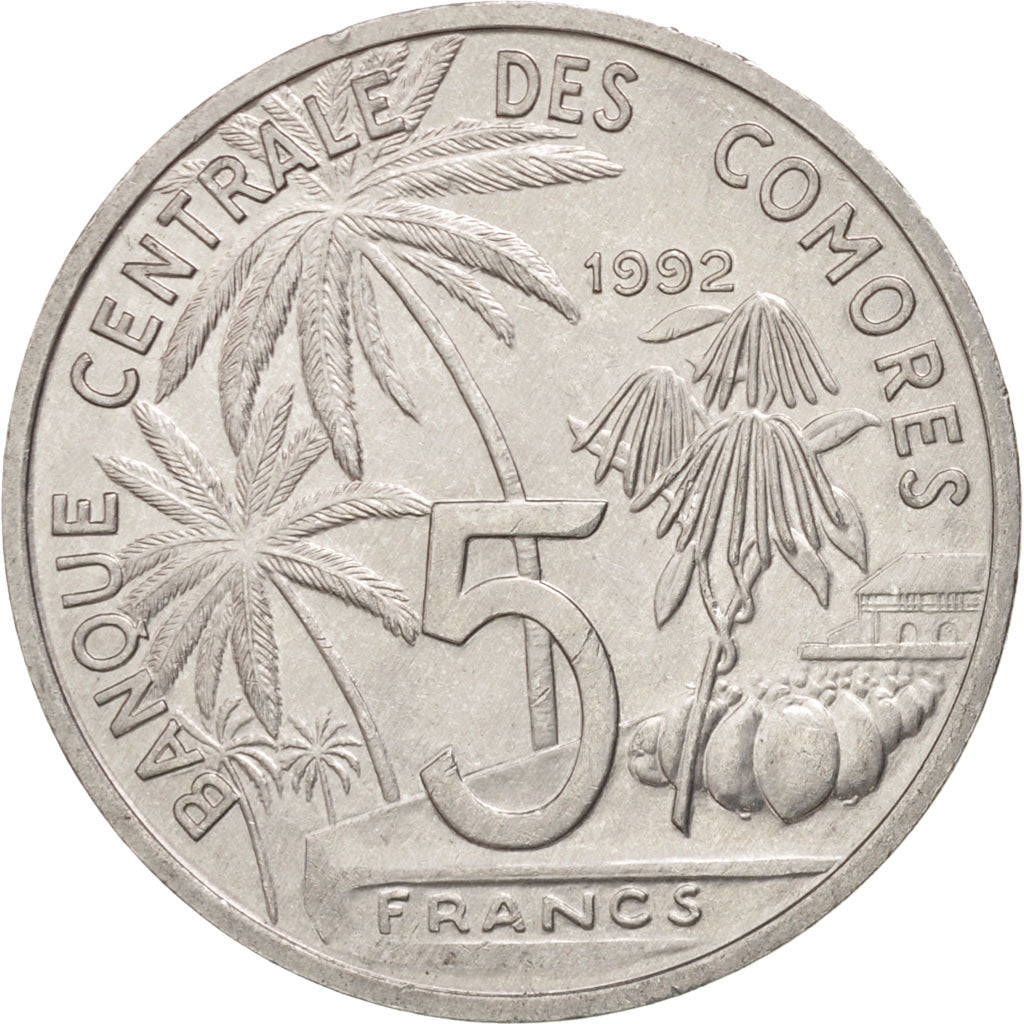Comoros, 5 Francs, 1992, Paris, AU(55-58), Aluminum, KM:15