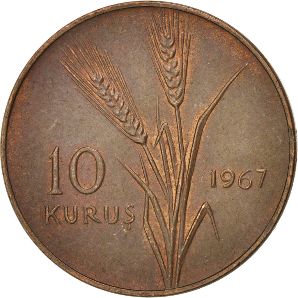 Turkey, 10 Kurus, 1967, AU(50-53), Bronze, KM:891.1