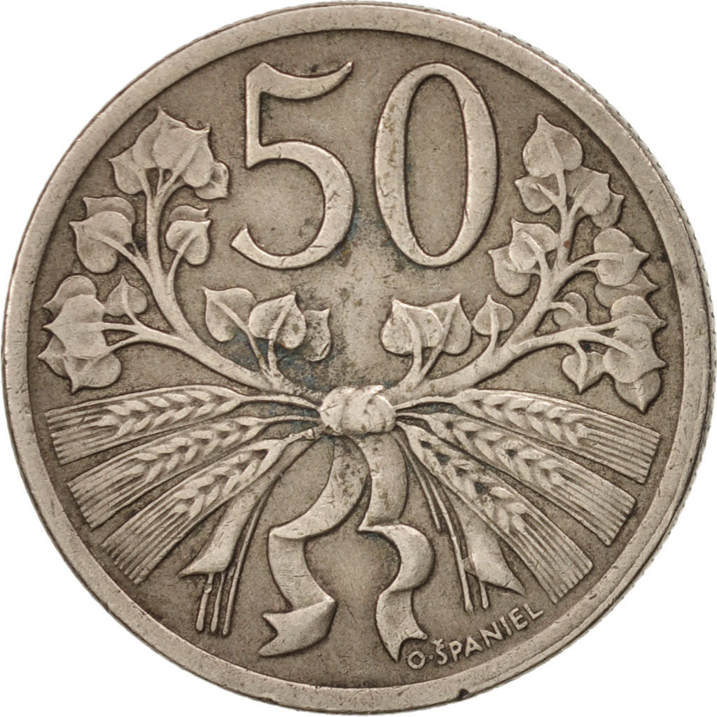 Czechoslovakia, 50 Haleru, 1921, AU(55-58), Copper-nickel, KM:2