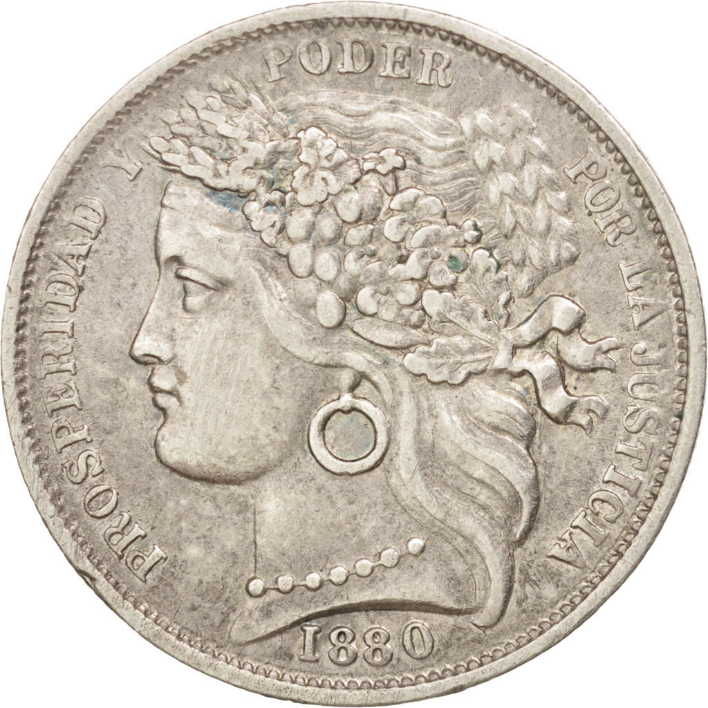 Peru, Peseta, 1880, Lima, AU(50-53), Silver, KM:200.1