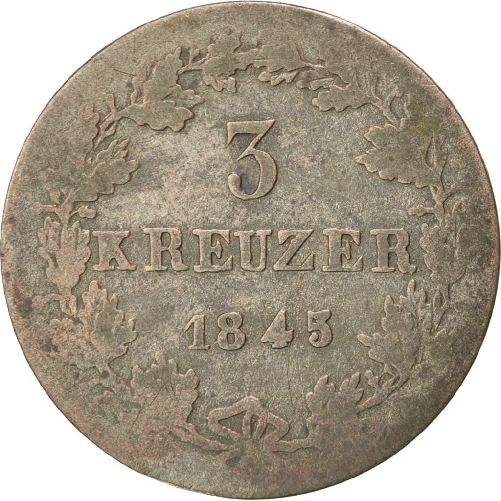 GERMAN STATES, 3 Kreuzer, Groschen, 1845, KM #17, VF(20-25), Silver, 1.10