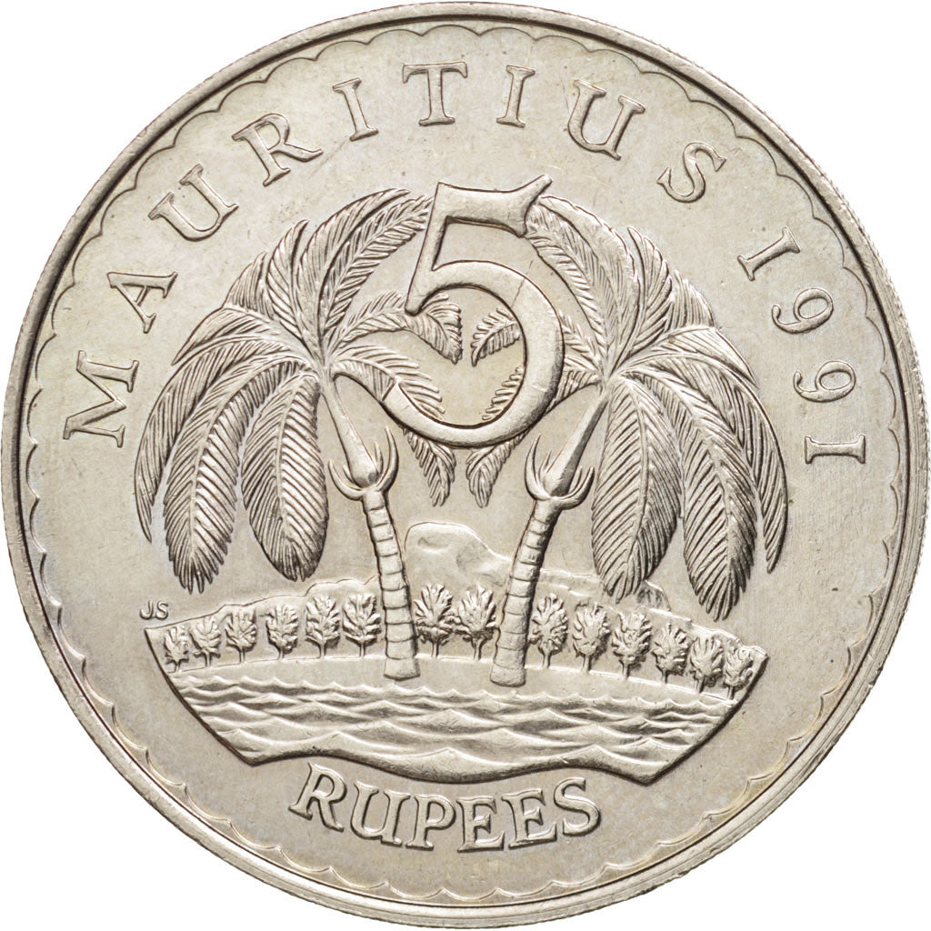 Coin, Mauritius, 5 Rupees, 1991, AU(55-58), Copper-nickel, KM:56