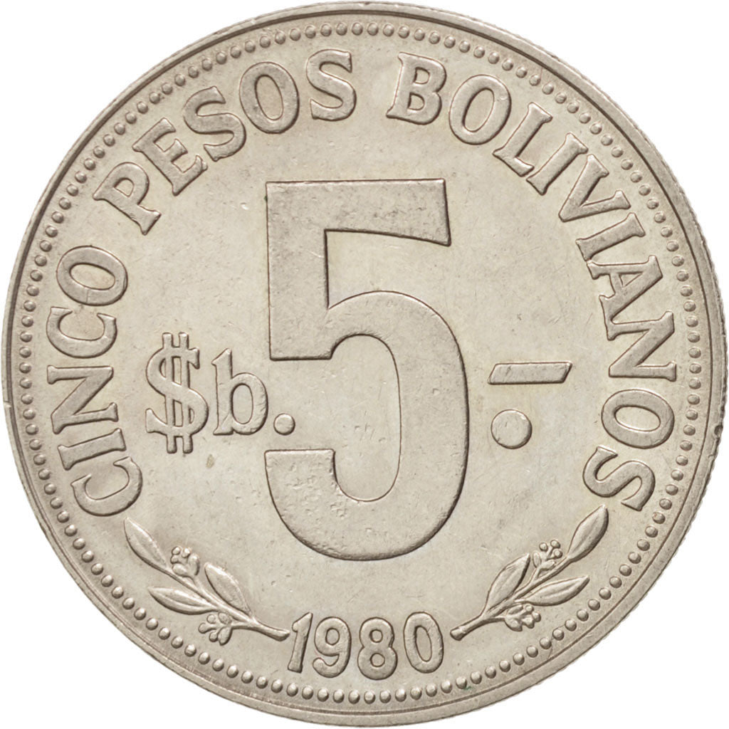 Bolivia, 5 Pesos Bolivianos, 1980, AU(55-58), Nickel Clad
