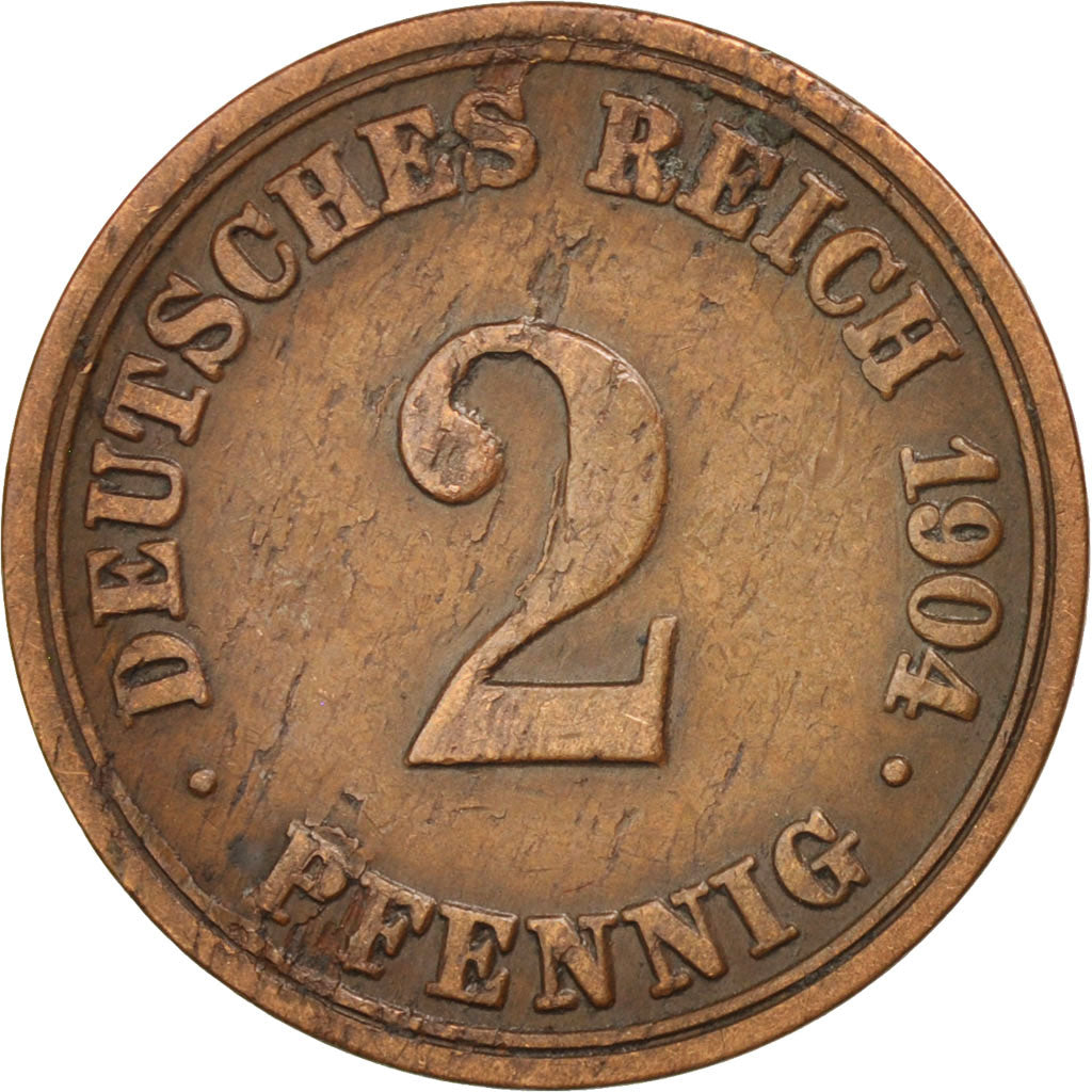 GERMANY - EMPIRE, Wilhelm II, 2 Pfennig, 1904, Berlin, VF(30-35), Copper, KM:16