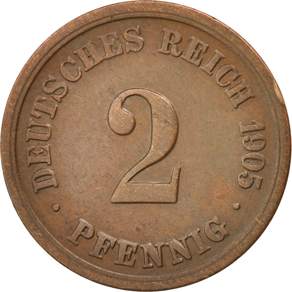 Moneta, GERMANIA - IMPERO, Wilhelm II, 2 Pfennig, 1905, Frankfurt, BB, Rame