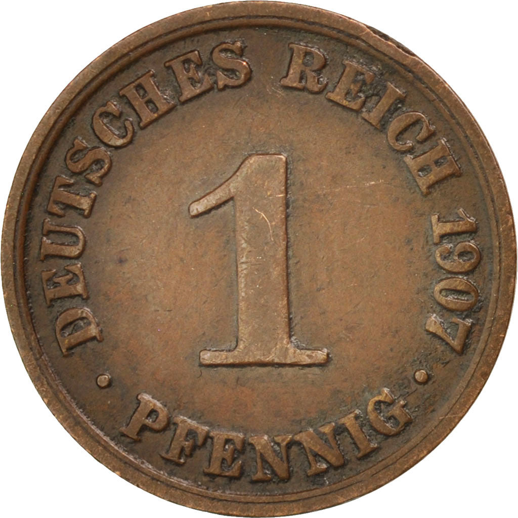 Coin, GERMANY - EMPIRE, Wilhelm II, Pfennig, 1907, Berlin, AU(50-53), Copper