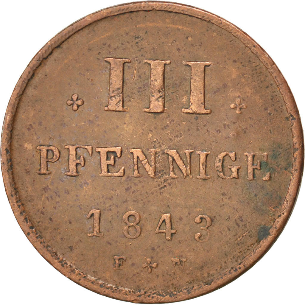 GERMAN STATES, 3 Pfennig, 1843, Schwerin, KM #80, EF(40-45), Copper, 2.48