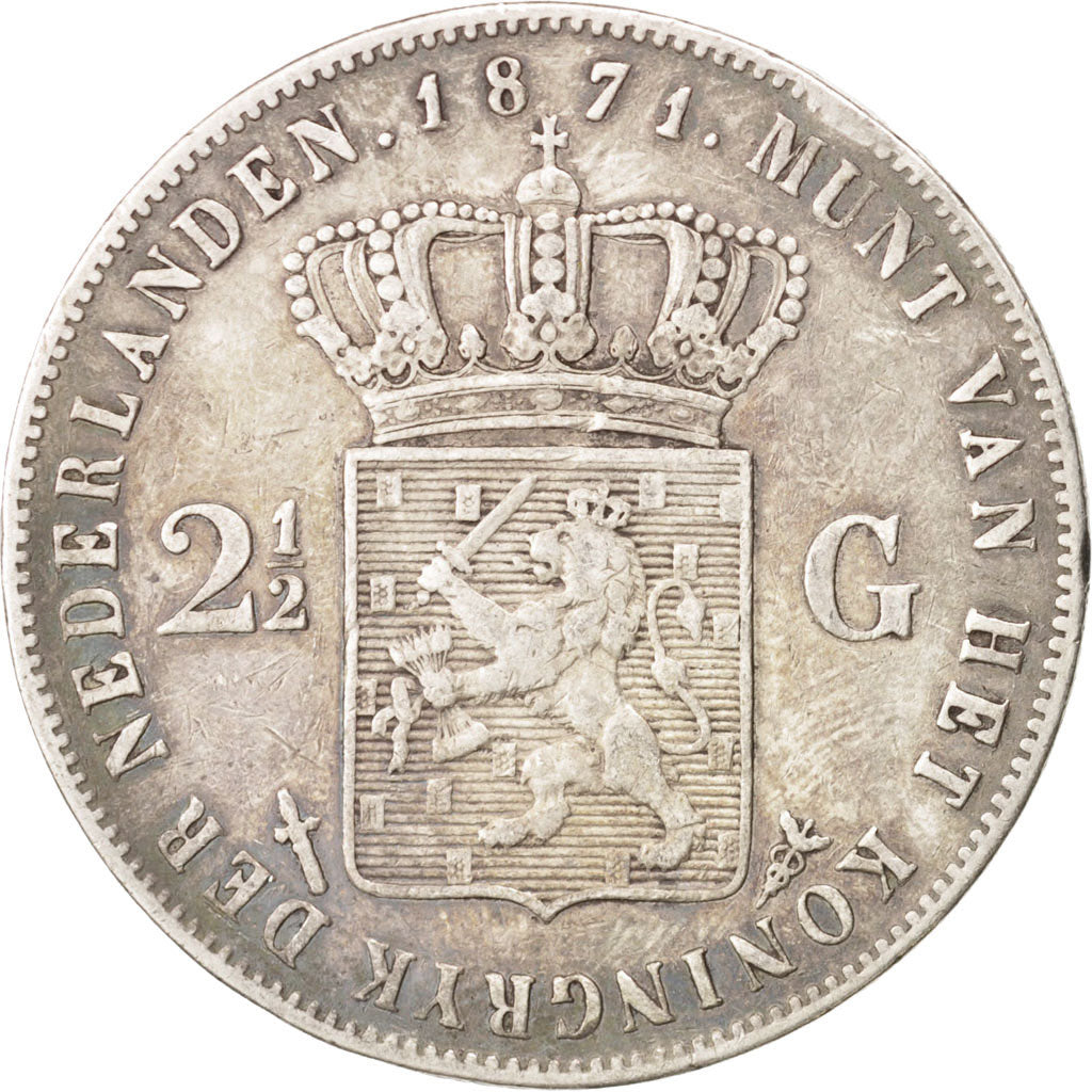 Paesi Bassi, William III, 2-1/2 Gulden, 1871, BB, Argento, KM:82