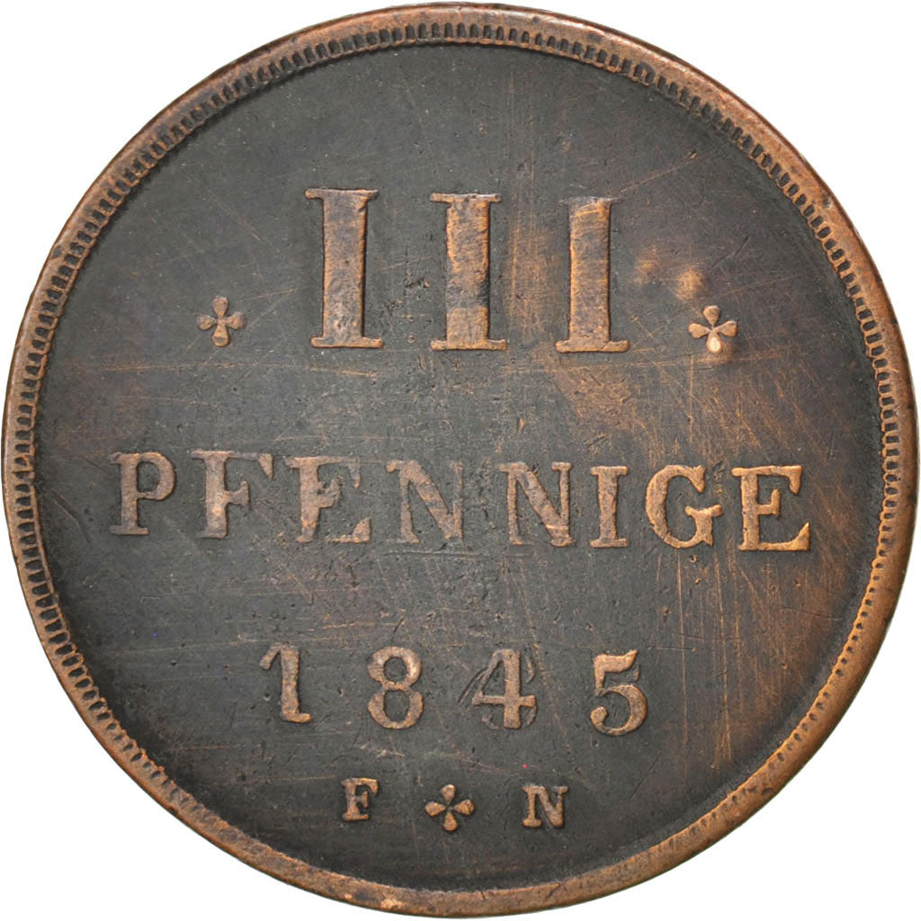 GERMAN STATES, 3 Pfennig, 1845, Schwerin, KM #80, EF(40-45), Copper, 2.25