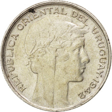 Uruguay, 20 Centesimos, 1942, Santiago, AU(50-53), Silver, KM:29