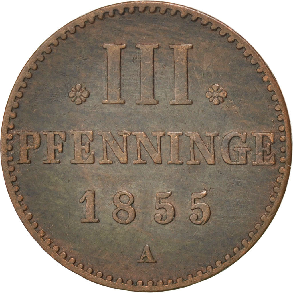 GERMAN STATES, 3 Pfennig, 1855, Berlin, KM #90, AU(50-53), Copper, 0.00
