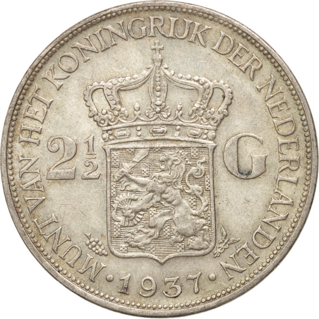 Coin, Netherlands, Wilhelmina I, 2-1/2 Gulden, 1937, AU(50-53), Silver, KM:165
