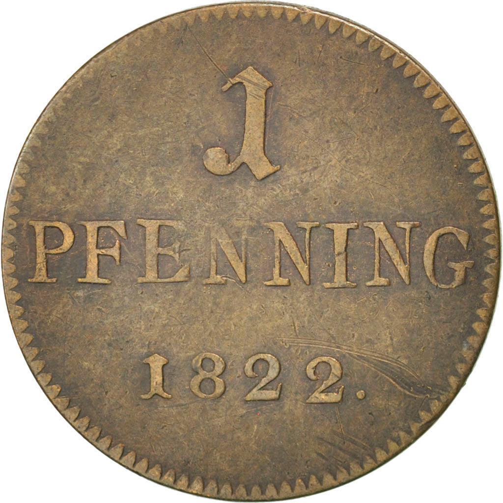 GERMAN STATES, Pfennig, 1822, Frankfurt, KM #Tn13, EF(40-45), Copper, 1.49