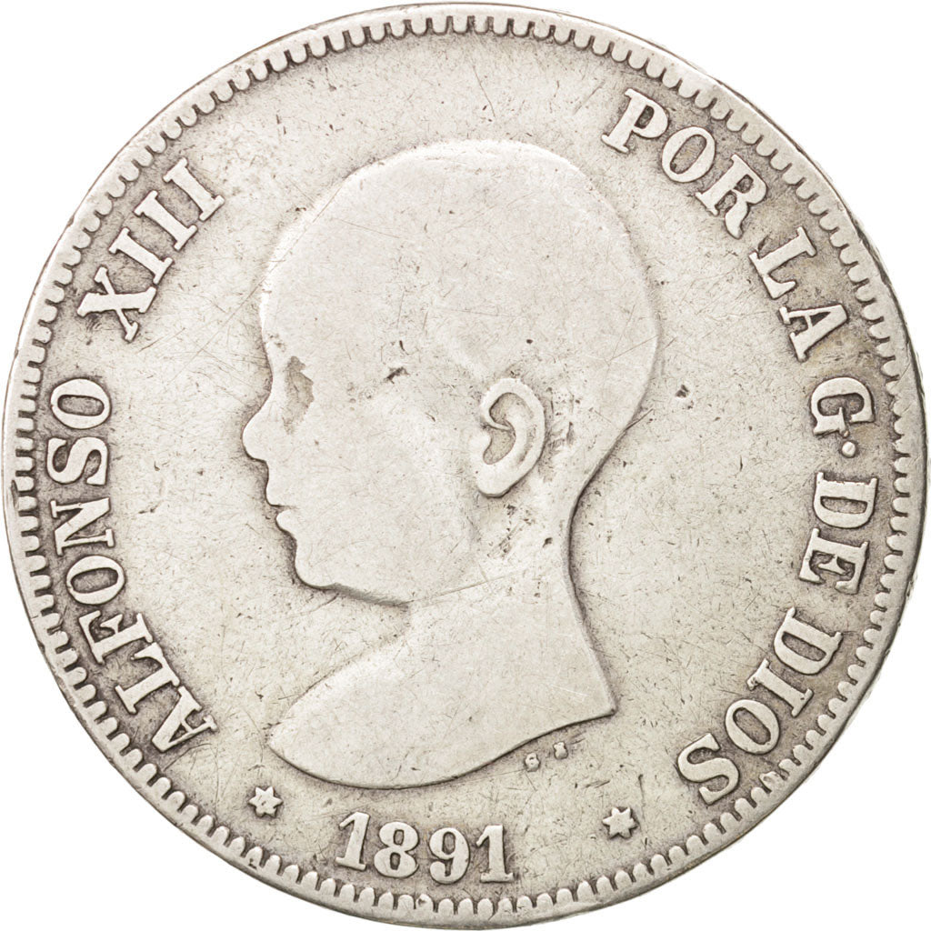 Espagne, Alfonso XIII, 5 Pesetas, 1891, Madrid, B+, Argent, KM:689