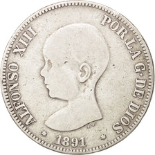 Espagne, Alfonso XIII, 5 Pesetas, 1891, Madrid, B+, Argent, KM:689