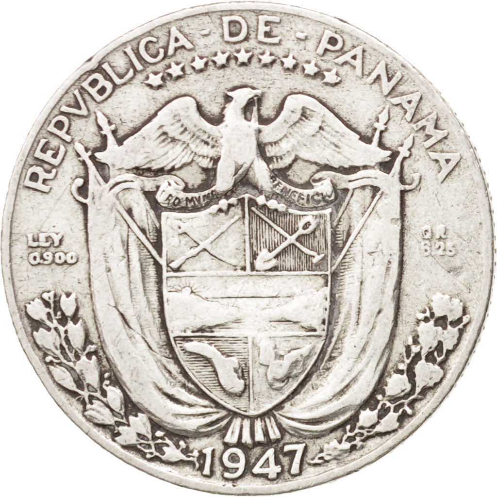 Moneda, Panamá, 1/4 Balboa, 1947, BC+, Plata, KM:11.1