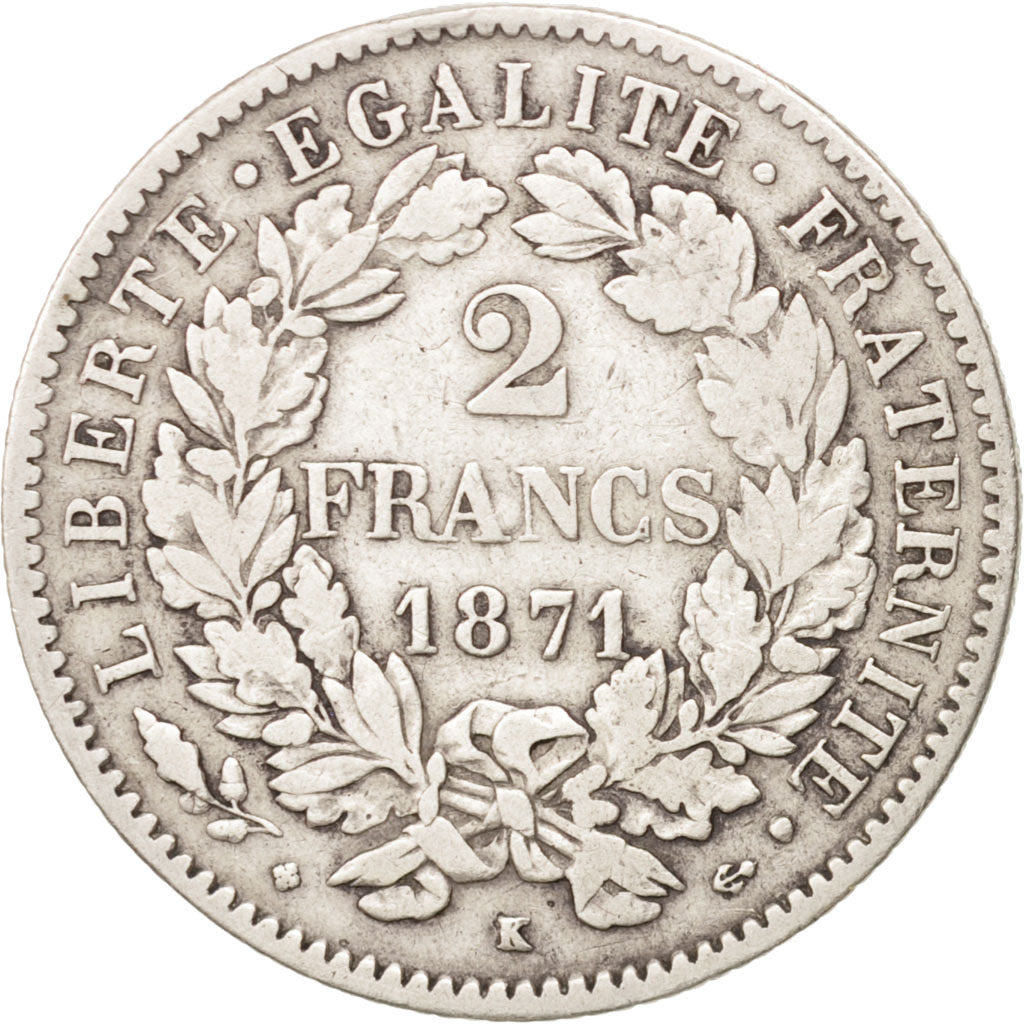 France, Cérès, 2 Francs, 1871, Bordeaux, EF(40-45), Silver, KM:817.2