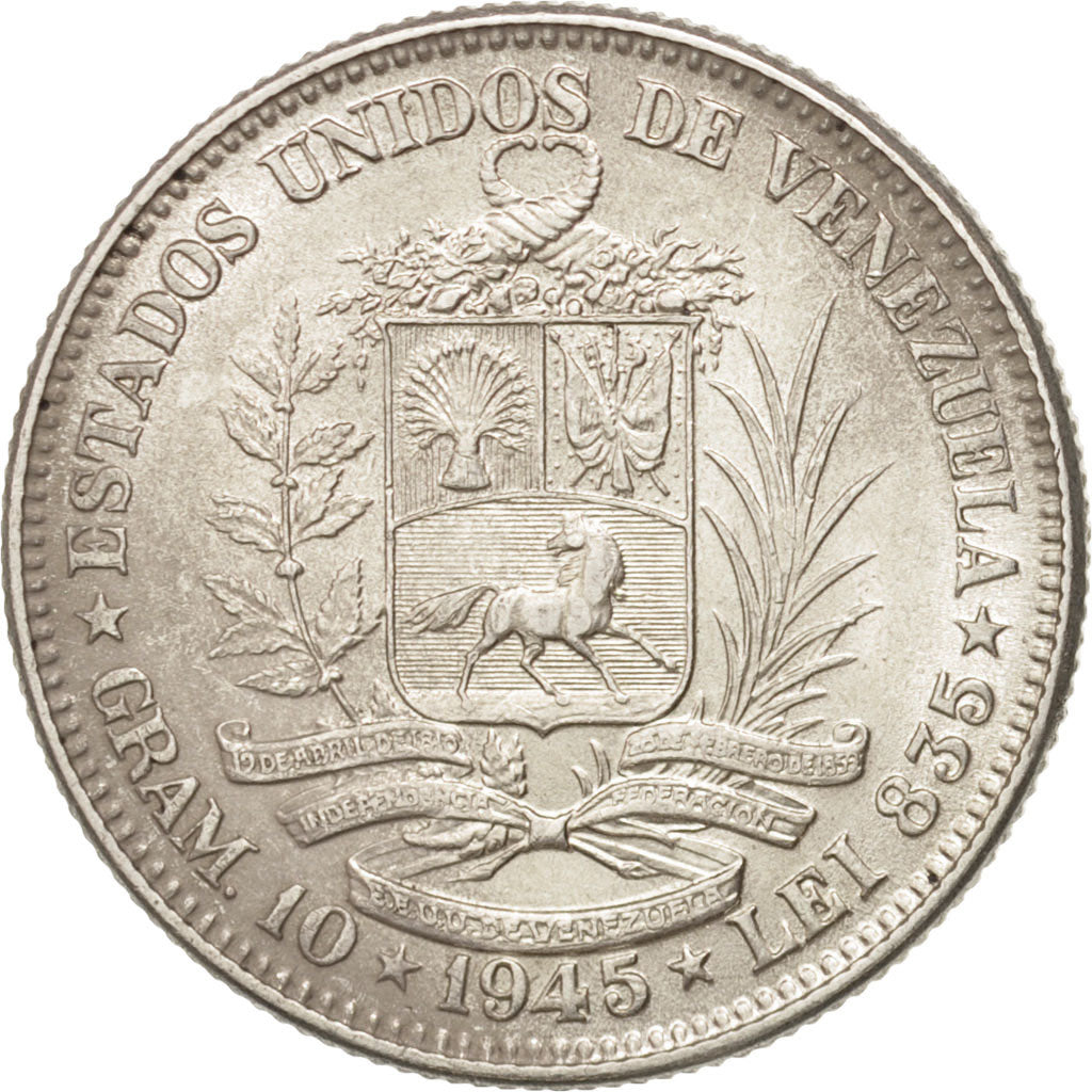 Venezuela, Gram 10, 2 Bolivares, 1945, Philadelphia, MS(63), Silver, KM:23a
