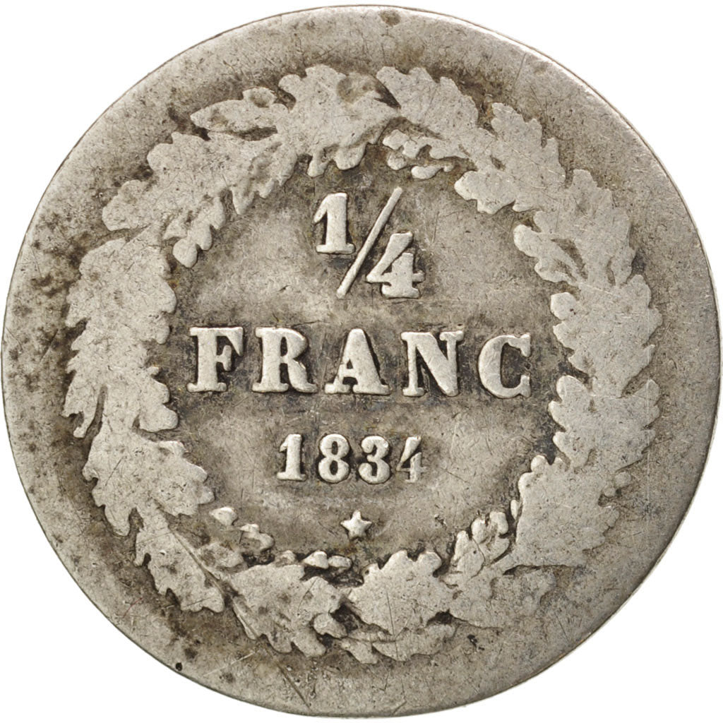 Belgium, Leopold I, 1/4 Franc, 1834, Brussels, VF(20-25), Silver, KM:8