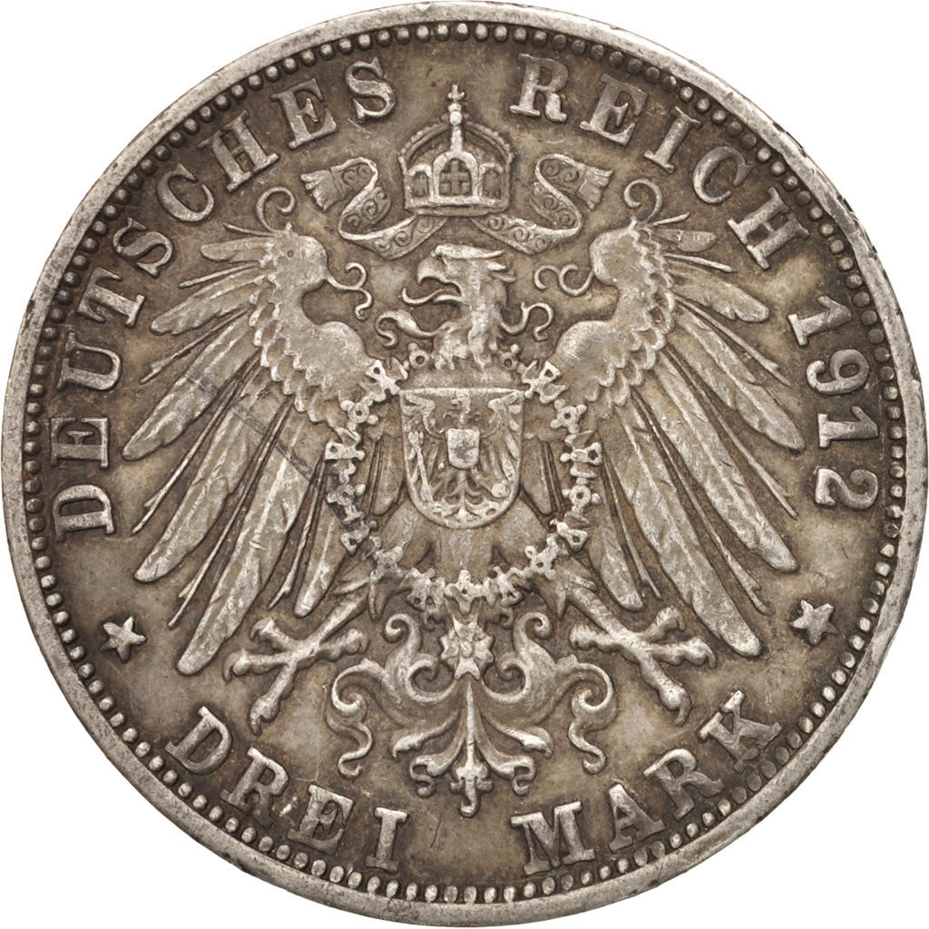 Coin, German States, WURTTEMBERG, Wilhelm II, 3 Mark, 1912, Freudenstadt