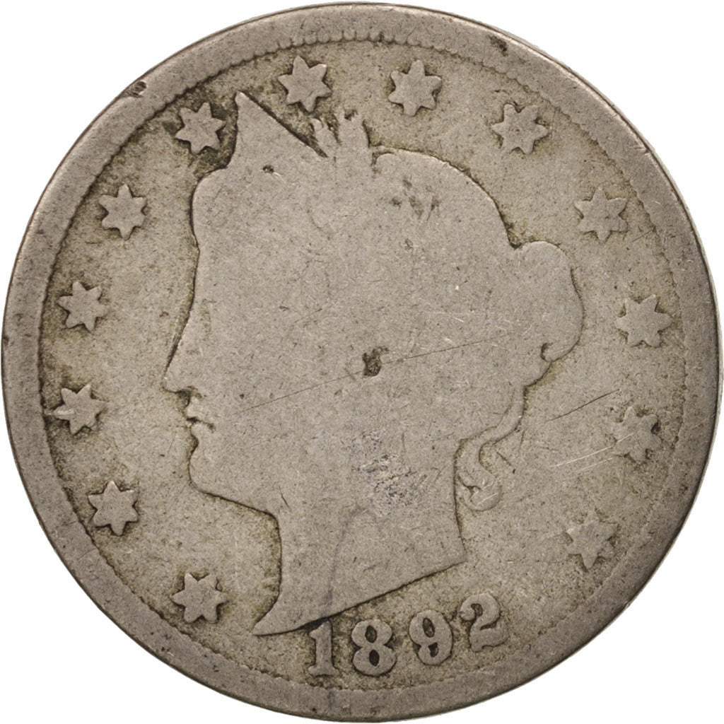 Moneta, USA, Liberty Nickel, 5 Cents, 1892, U.S. Mint, Philadelphia, F(12-15)